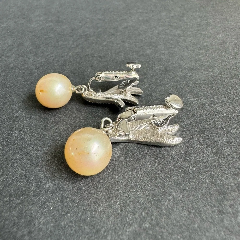 Vintage‎ Vendome Pearl Drop Clip-On Earrings Silver Rhinestone Bridal Bride